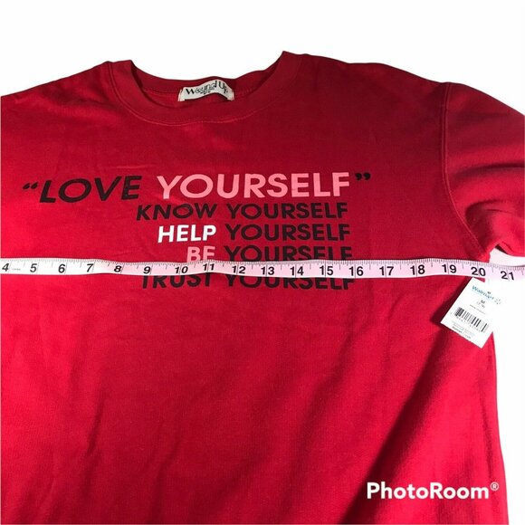 Wound Up Womens Sz Medium 7-9  Sweatshirt Crewneck Love Yourself Graphic Red New - Picture 11 of 12